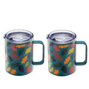 16 Oz Teal Falling Leaves Coffee Mugs, Set of 2