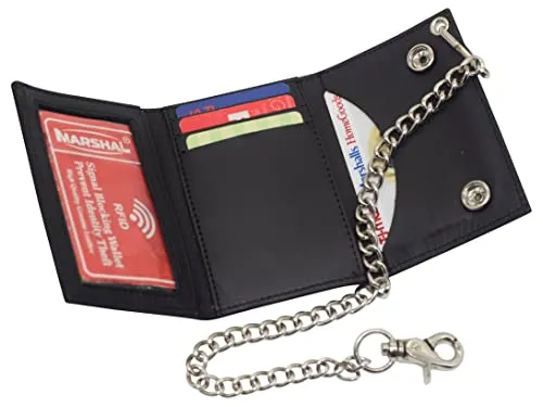 946-64 Marshal Men's Tri-fold RFID Blocking Biker Genuine Leather Steel Chain USA Wallet Snap closure