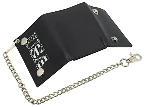 946-64 Marshal Men's Tri-fold RFID Blocking Biker Genuine Leather Steel Chain USA Wallet Snap closure