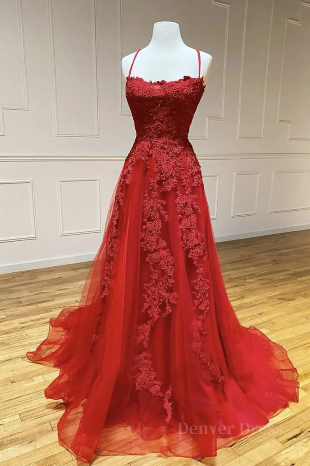 A Line Backless Red Lace Long Prom Dress Long Red Lace Formal Dress Red Evening Dress