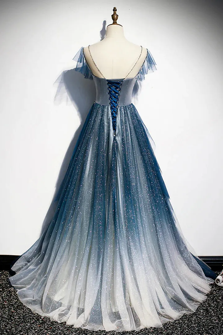 A-line Blue Tulle Long Beaded Prom Dress, A-Line Formal Evening Dress