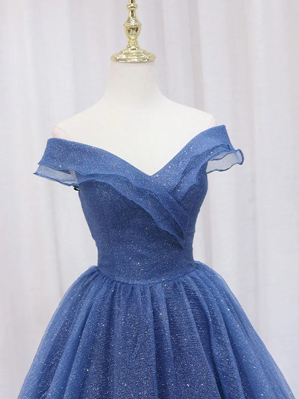 A-Line Dark Blue Tulle Long Prom Dresses, Blue Formal Evening Dress