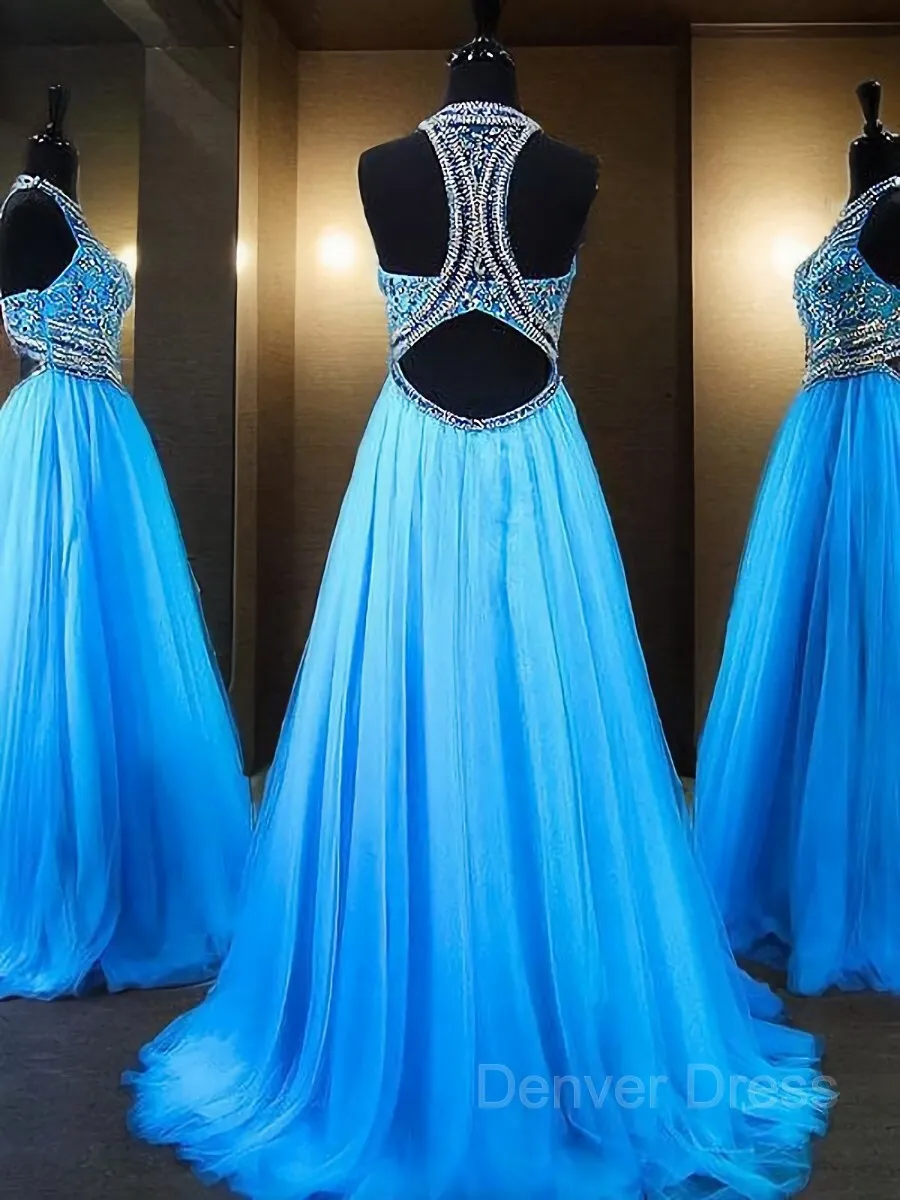 A-Line Jewel Sweep Train Tulle Evening Dresses With Beading