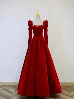 A-Line Long Sleeve Velvet Floor Length Prom Dress Burgundy Formal Evening Dress