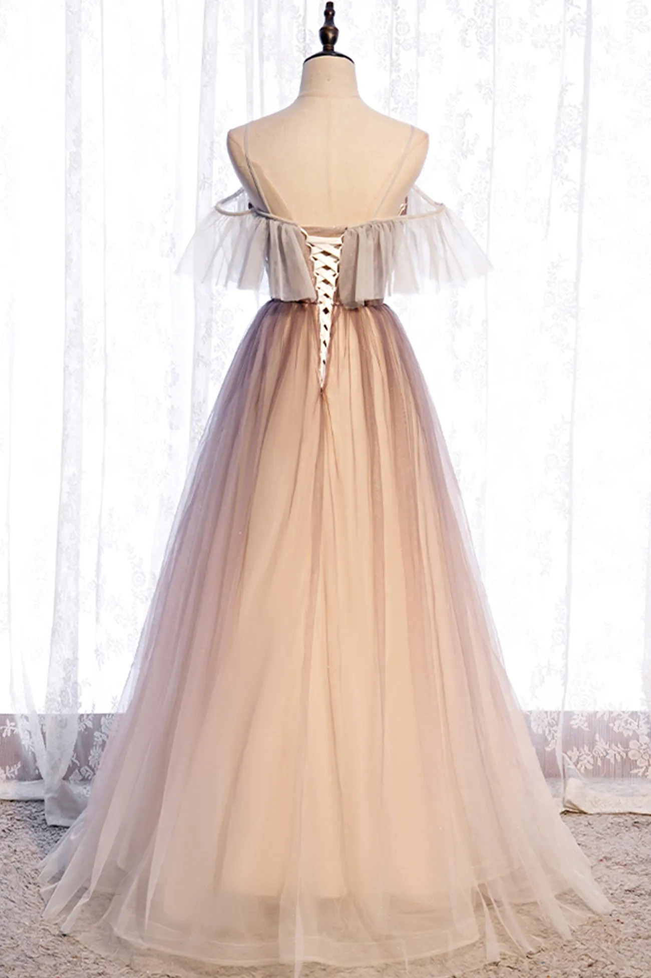 A-Line Long Spaghetti Strap Tulle Prom Dress Ombre Evening Dress