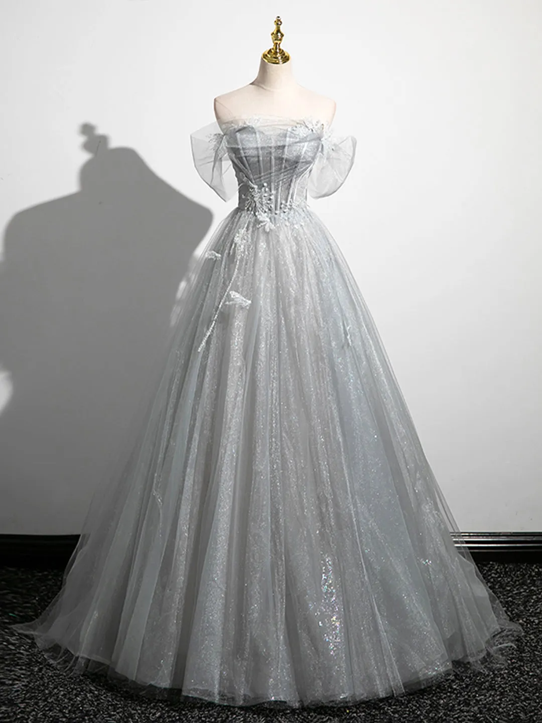 A-Line Off the Shoulder Sparkly Prom Dress Gray Tulle Corset Floor Length Evening Dress