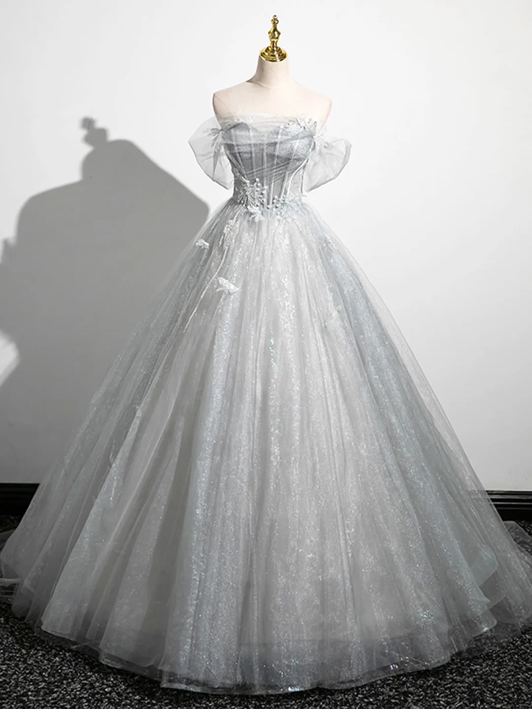 A-Line Off the Shoulder Sparkly Prom Dress Gray Tulle Corset Floor Length Evening Dress