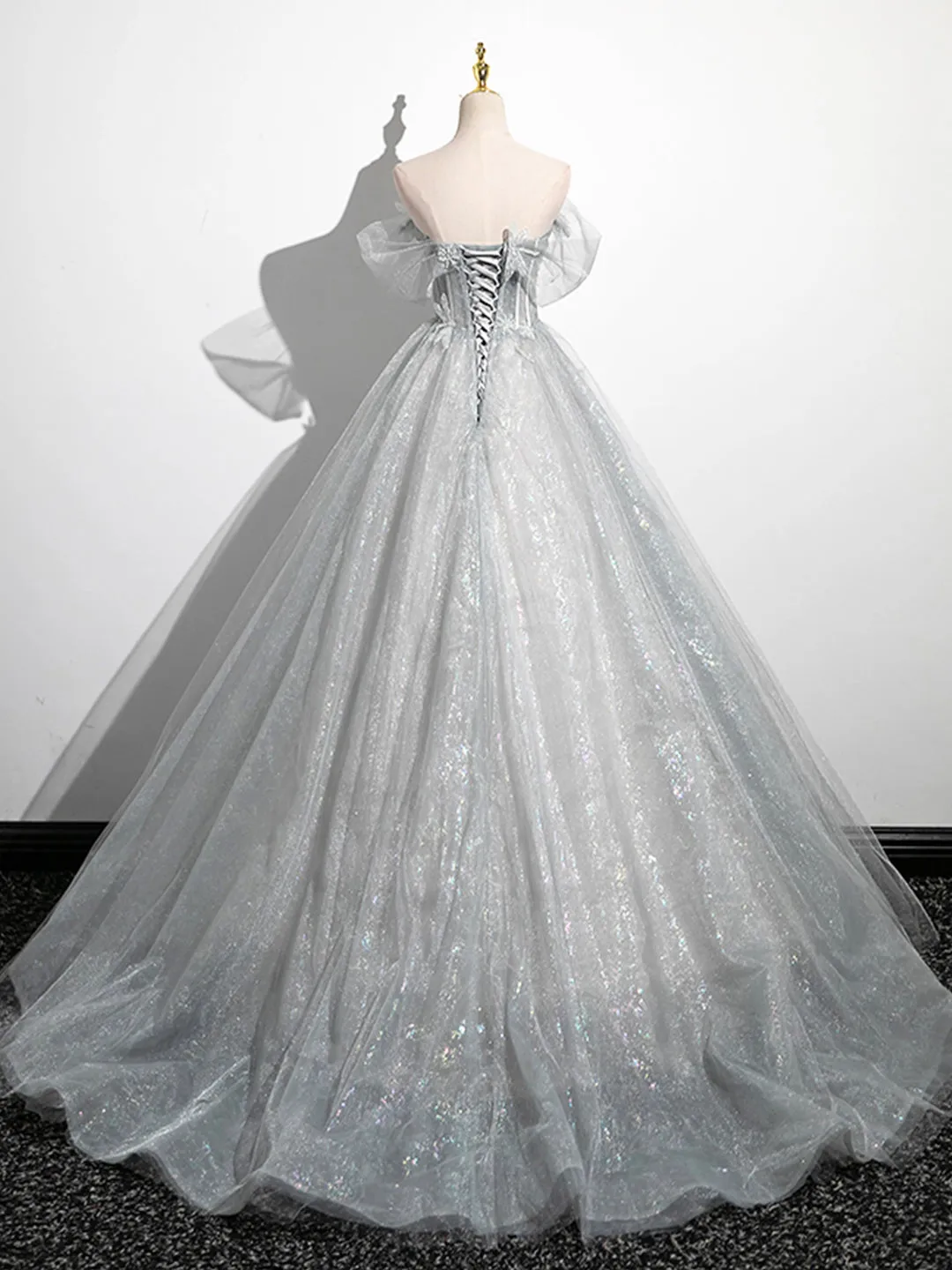 A-Line Off the Shoulder Sparkly Prom Dress Gray Tulle Corset Floor Length Evening Dress