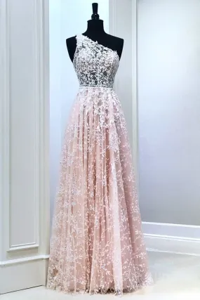 A Line One Shoulder Pink Lace Long Prom Dress Pink Lace Formal Dress Pink Evening Dress