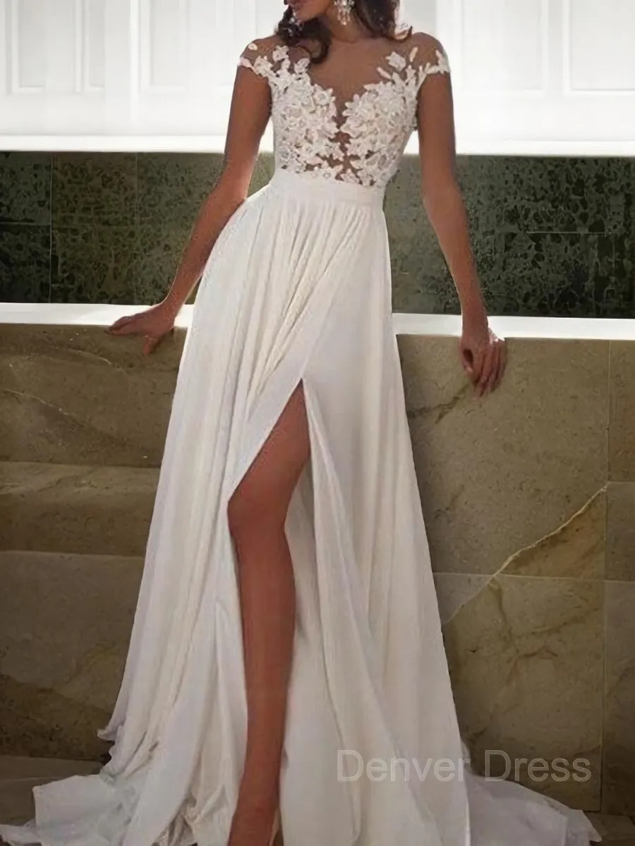 A-Line Scoop Sweep Train Chiffon Evening Dresses With Leg Slit