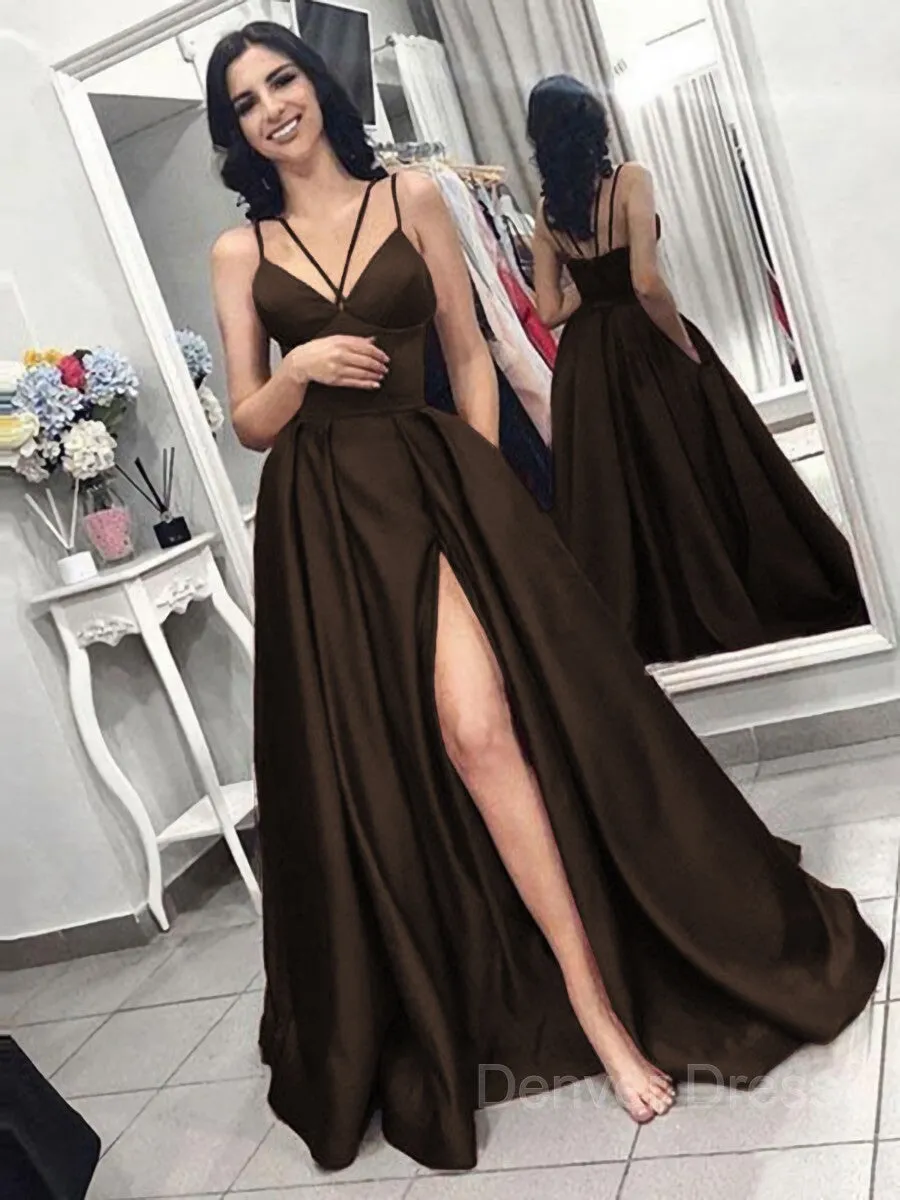 A-Line Spaghetti Straps Sweep Train Satin Evening Dresses With Pockets