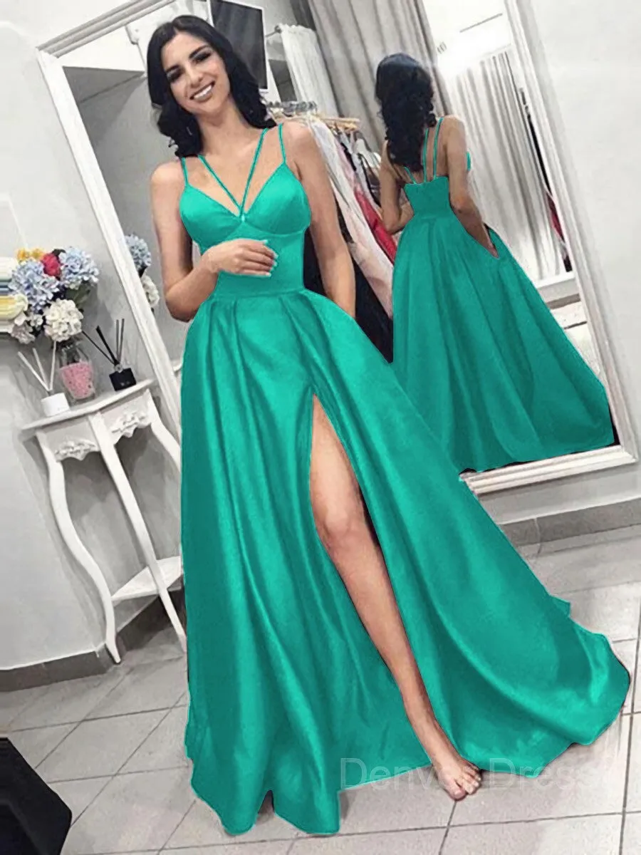 A-Line Spaghetti Straps Sweep Train Satin Evening Dresses With Pockets