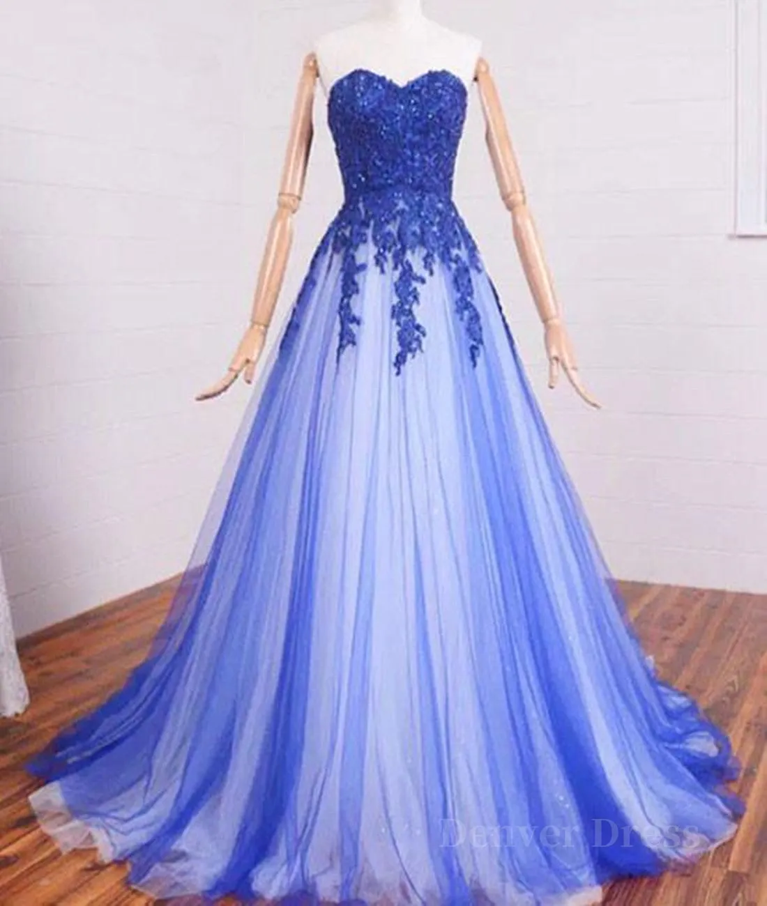 A Line Sweetheart Neck Lace Tulle Blue Long Prom Dresses Blue Formal Dresses Blue Lace Evening Dresses