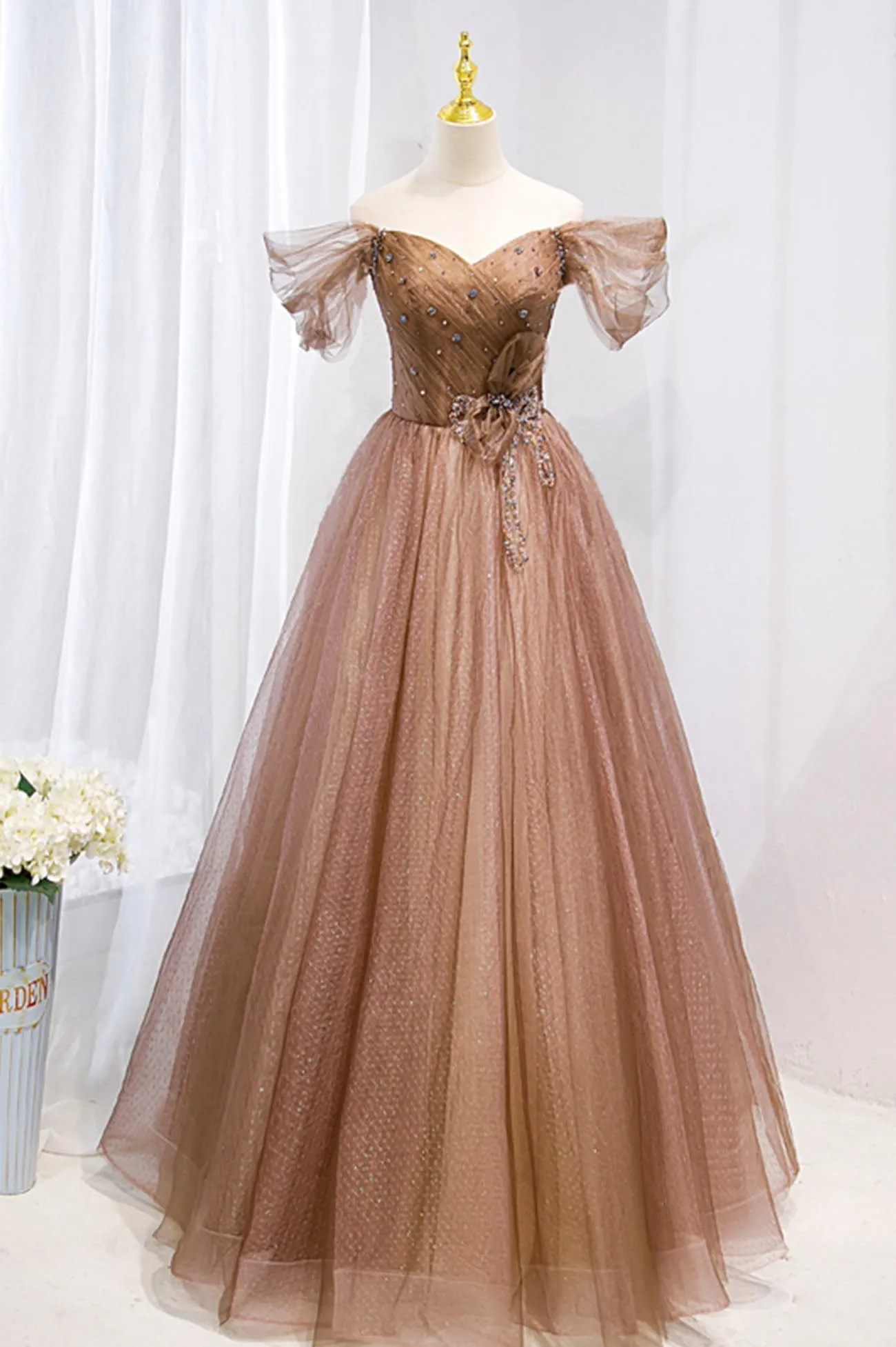 A-Line Tulle Beaded Long Formal Dress, Off the Shoulder Evening Dress