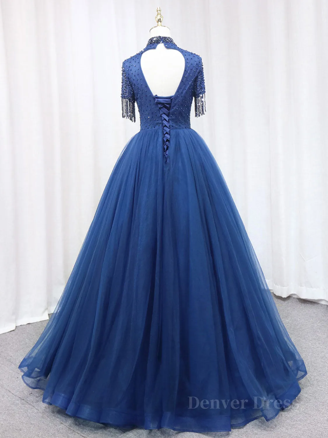 A-Line Tulle Blue Long Prom Dress Blue Formal Evening Dress with Beading