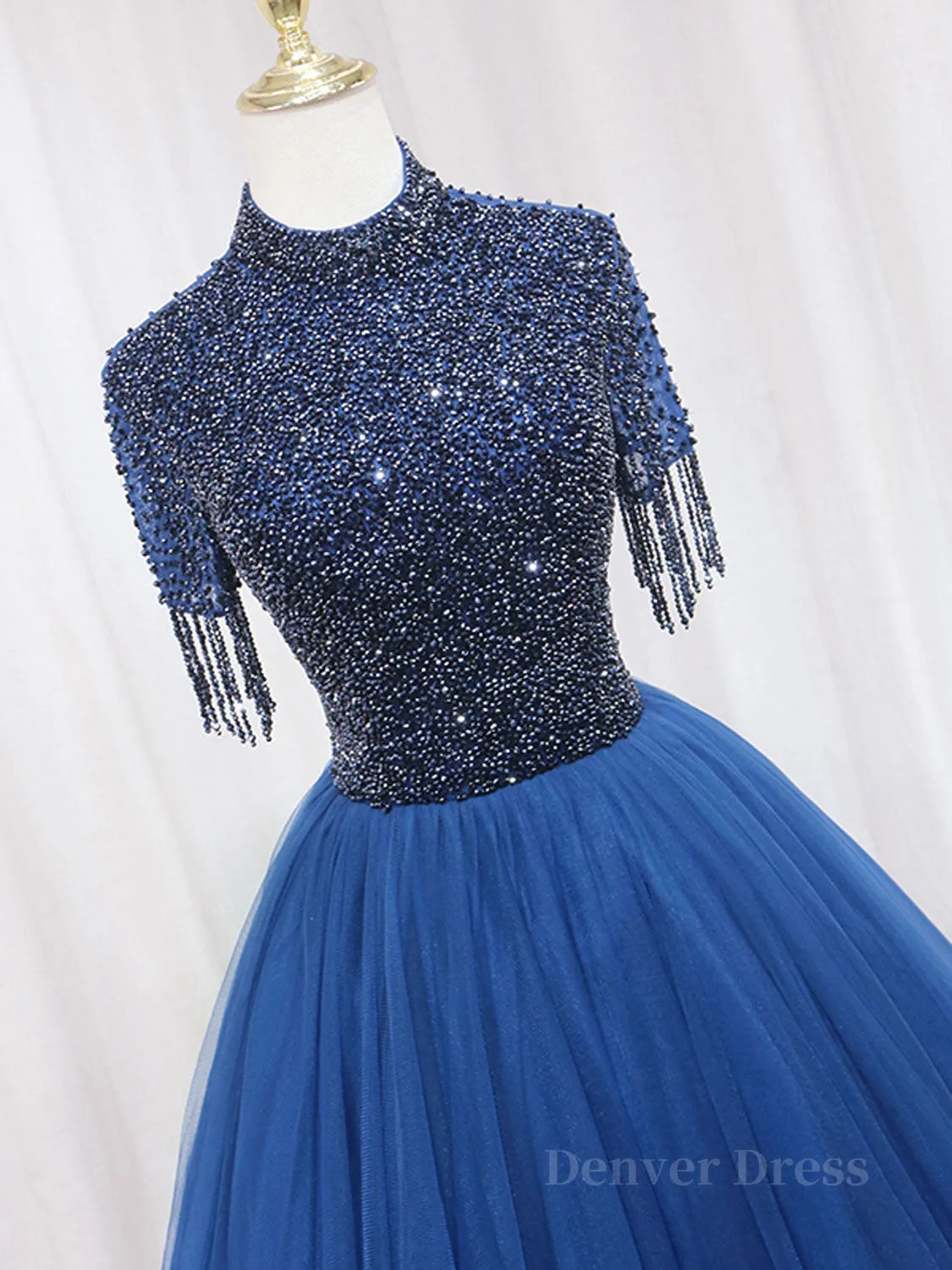 A-Line Tulle Blue Long Prom Dress Blue Formal Evening Dress with Beading