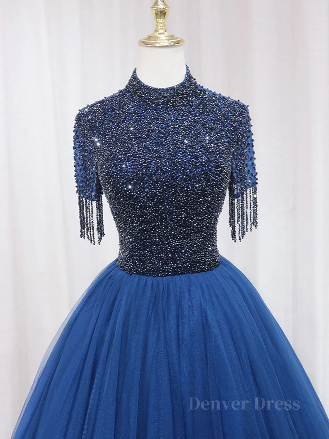 A-Line Tulle Blue Long Prom Dress Blue Formal Evening Dress with Beading