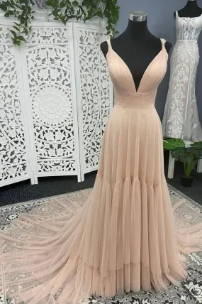 A-Line Tulle Long Prom Dresses V-Neck Evening Dresses