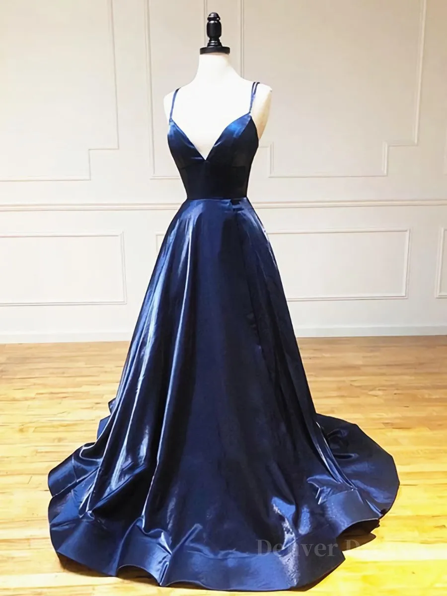 A Line V Neck Backless Navy Blue Prom Dresses Open Back Navy Blue Formal Evening Dresses