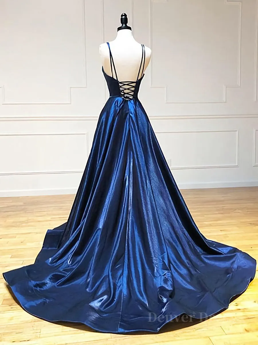 A Line V Neck Backless Navy Blue Prom Dresses Open Back Navy Blue Formal Evening Dresses