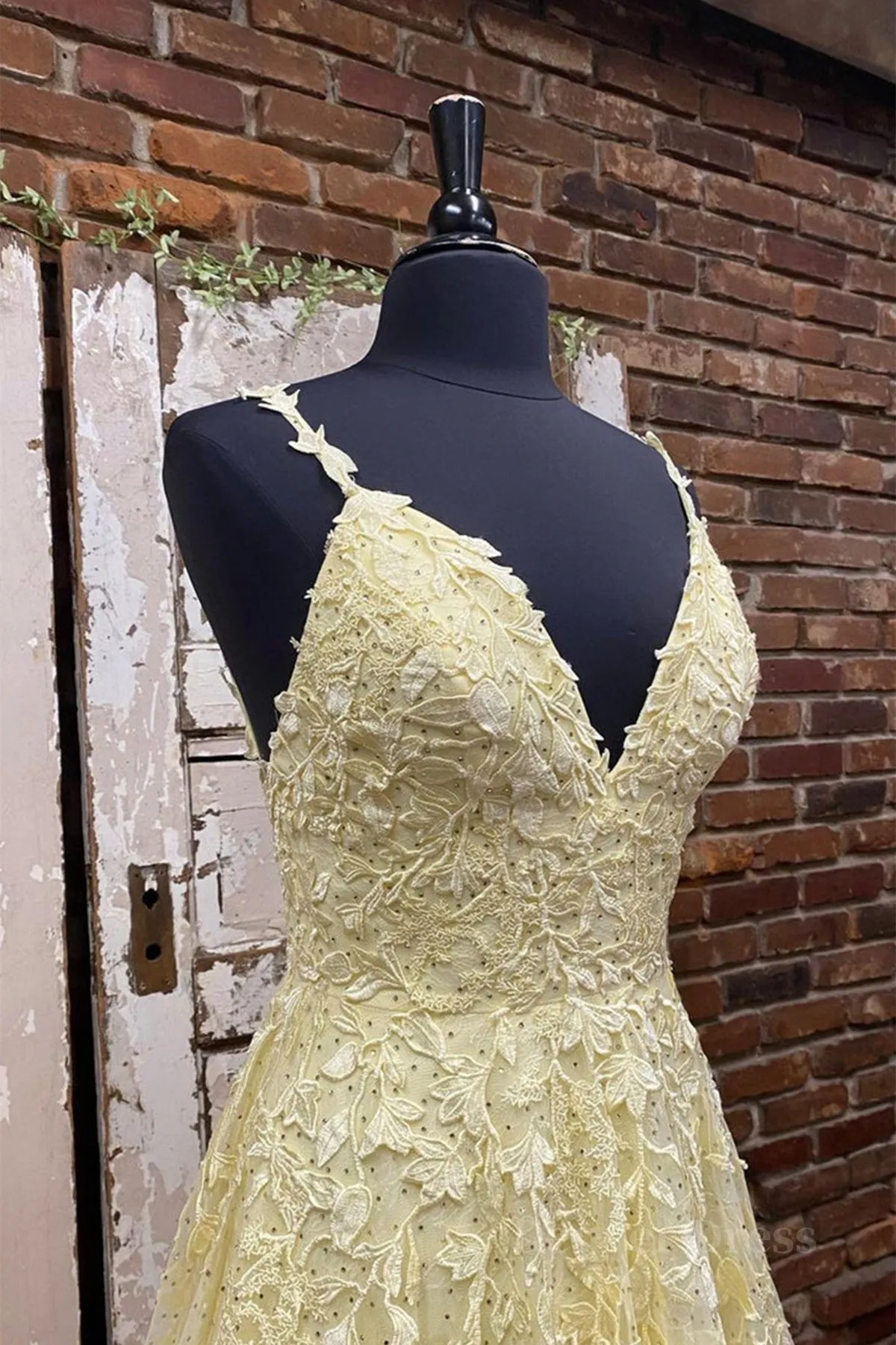 A Line V Neck Beaded Yellow Lace Tulle Long Prom Dress Yellow Lace Formal Dress Beaded Yellow Evening Dress