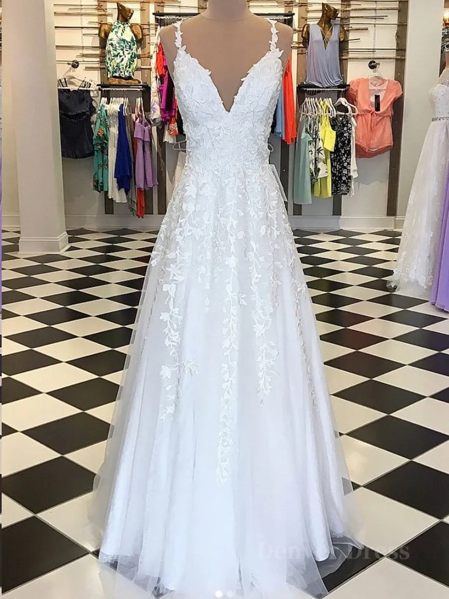 A Line V Neck Floor Length Lace White Long Prom Dresses White Lace Formal Dresses V Neck White Evening Dresses