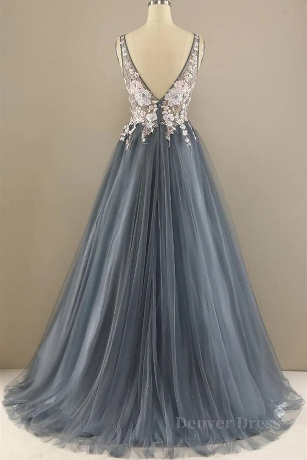 A Line V Neck Open Back Appliques Gray Long Prom Dresses V Neck Grey Formal Dresses Gray Evening Dresses