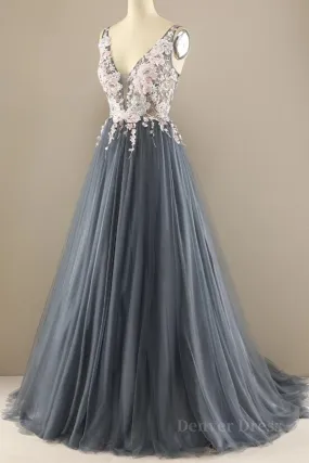 A Line V Neck Open Back Appliques Gray Long Prom Dresses V Neck Grey Formal Dresses Gray Evening Dresses