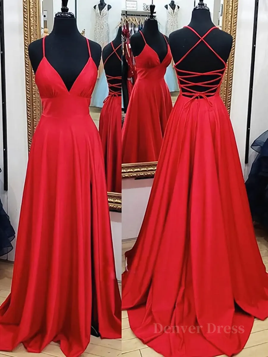 A Line V Neck Red Backless Long Prom Dresses Red A Line V Neck Open Back Formal Evening Dresses