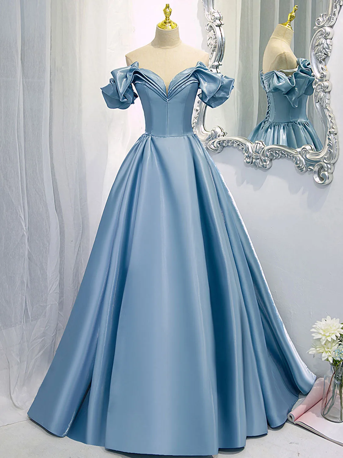 A-Line V Neck Satin Blue Long Prom Dress, Blue Formal Evening Dresses