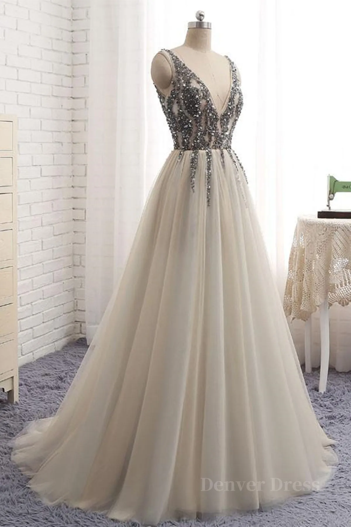 A Line V Neck Silver Gray Long Prom Dresses Silver Grey Beaded Long Formal Evening Dresses