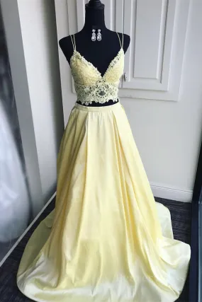 A Line V Neck Two Pieces Lace Top Yellow Prom Dress Two Pieces Yellow Formal Dress Yellow Lace Evening Dress