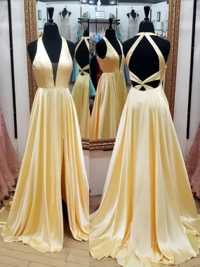 A Line V Neck Yellow Satin Long Prom Dresses V Neck Backless Yellow Formal Evening Dresses