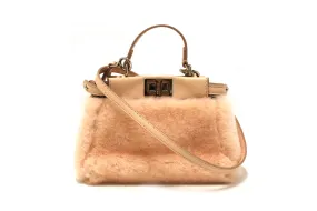 Authentic Fendi Pink Shearling and Leather Micro Peekaboo Bag