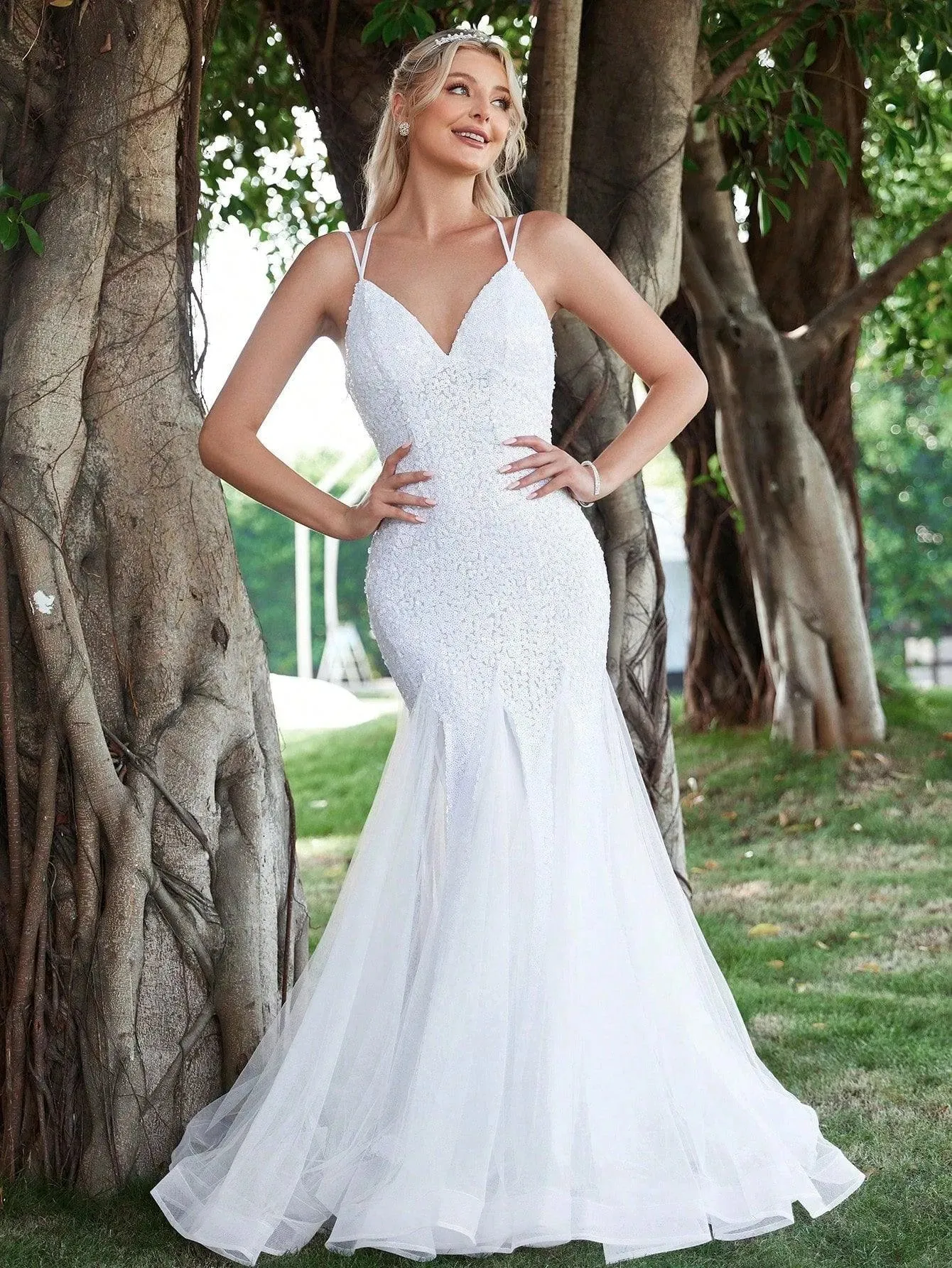 Backless Mermaid Hem Sequin Cami Wedding Dress