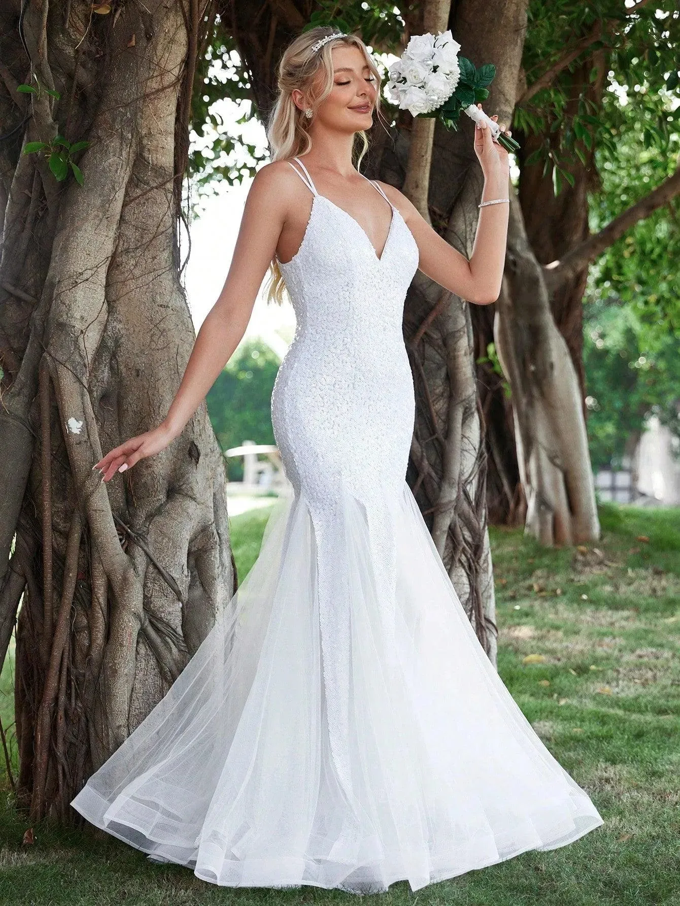 Backless Mermaid Hem Sequin Cami Wedding Dress