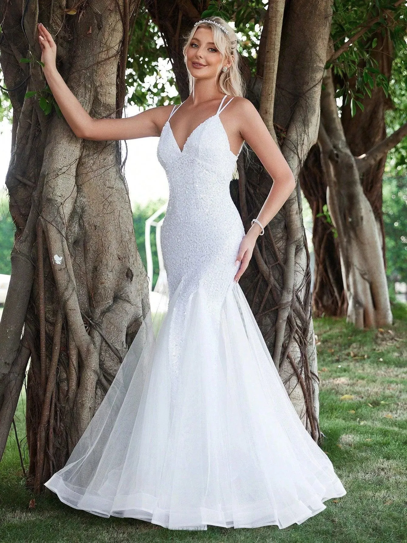 Backless Mermaid Hem Sequin Cami Wedding Dress