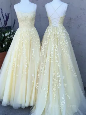 Backless Yellow Tulle Long Lace Prom Dresses Open Back Yellow Lace Formal Evening Dresses