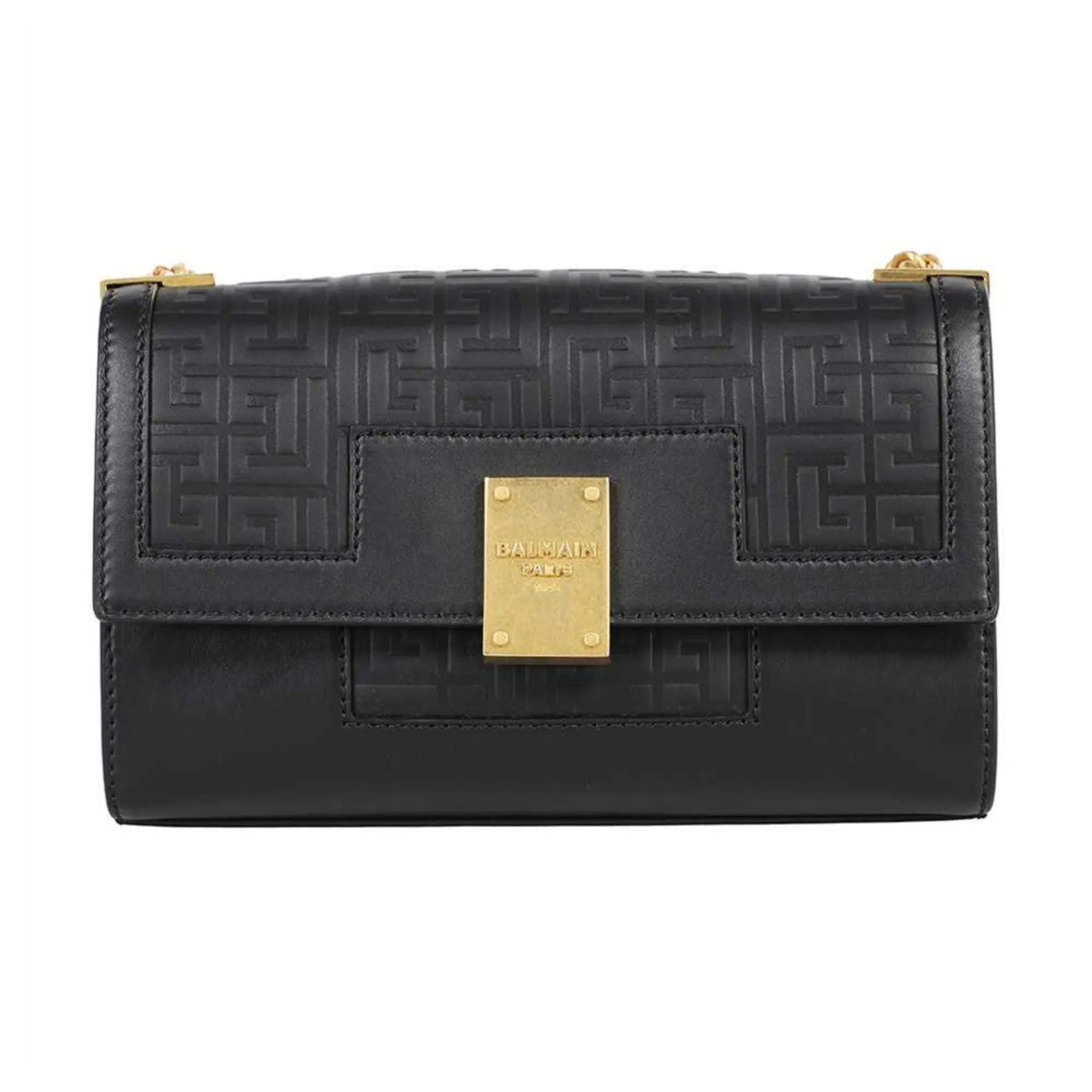 Balmain 1945 Black Leather Embossed Flap Medium Shoulder Bag