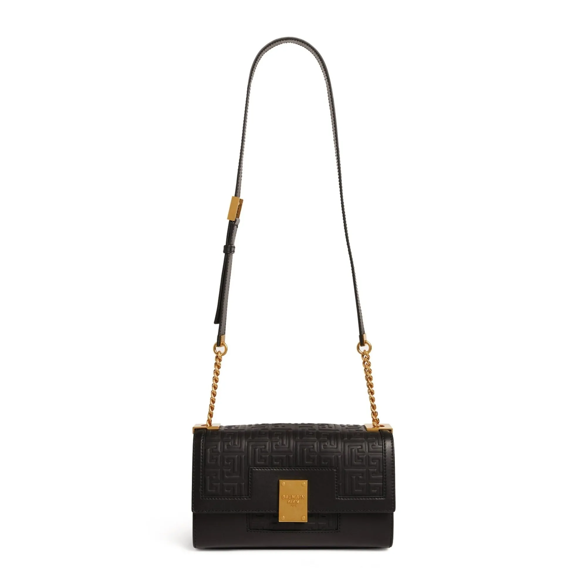 Balmain 1945 Black Leather Embossed Flap Medium Shoulder Bag