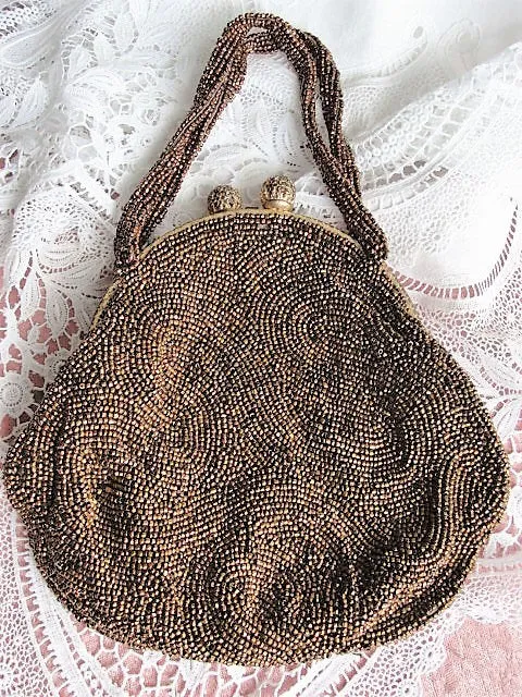 BEAUTIFUL 1920s 30s Art Deco Purse, Belgium Evening Bag,Copper Bronze Micro Beaded HandBag, Flapper Era Collectible Antique Purses