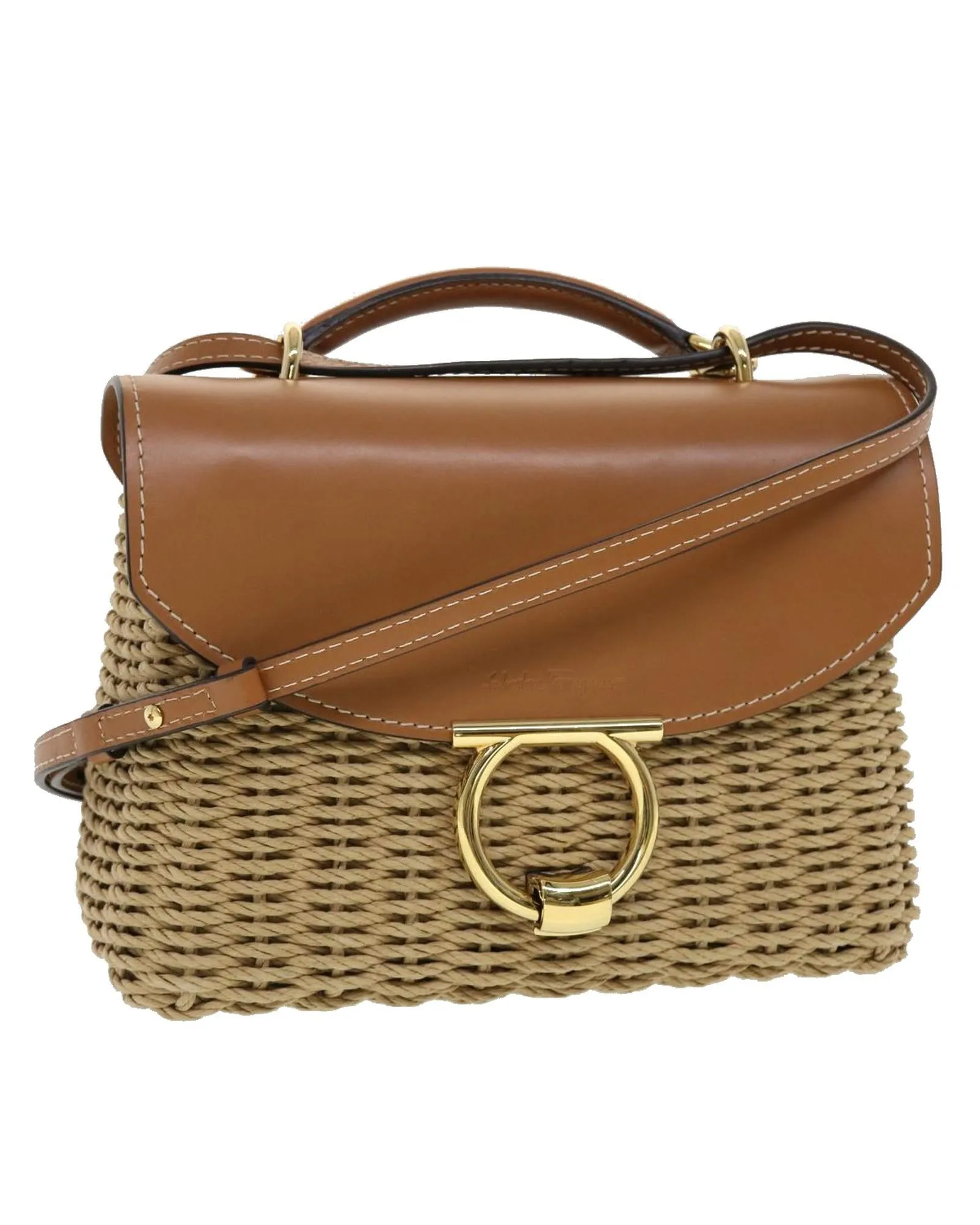 Beige Wood Shoulder Bag with Gancini Motif