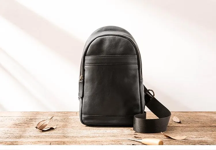 Black Casual Leather Mens Sling Bag Chest Bags Black One Shoulder Backpack Sling Pack for Men