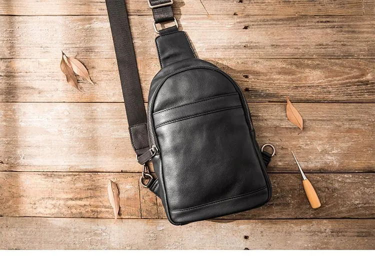 Black Casual Leather Mens Sling Bag Chest Bags Black One Shoulder Backpack Sling Pack for Men