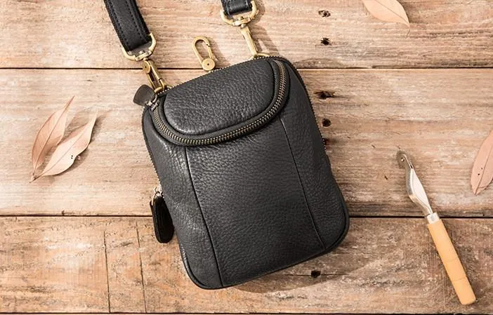 Black Leather Belt Pouch Mens Waist Bag Shoulder Bag for Men