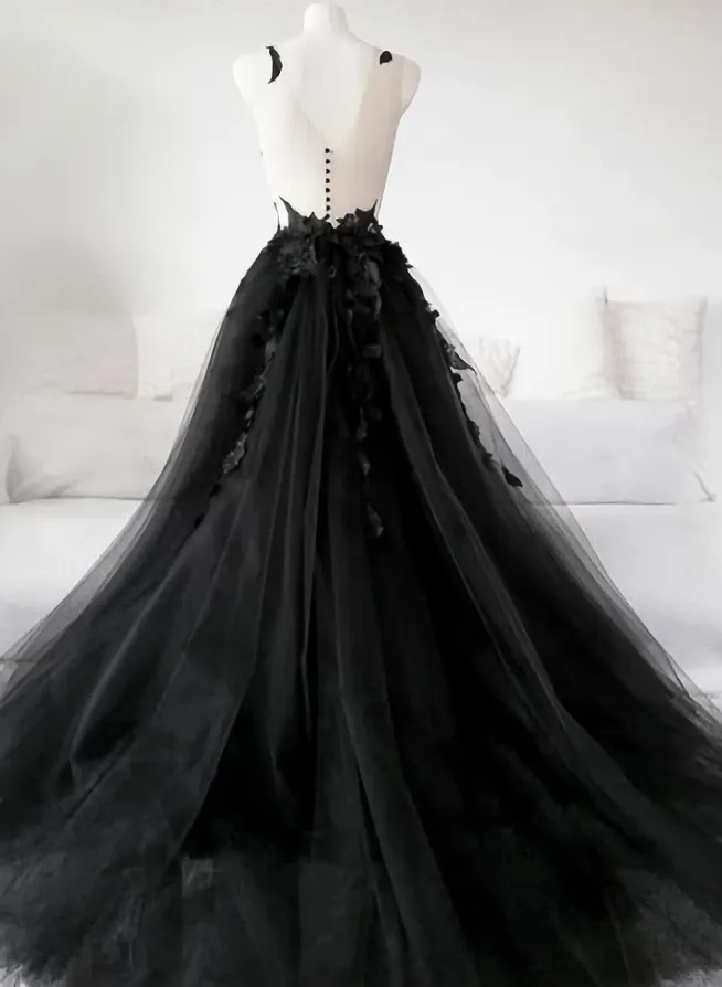 Black Tulle Lace Long Prom Dress Black Lace Evening Dress 2303