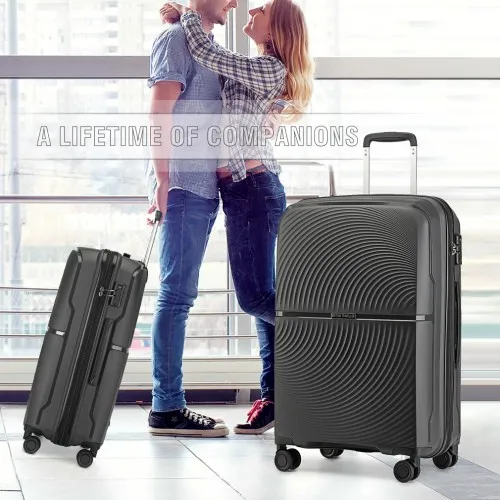 British Traveller 20 Inch Spinner Hard Shell PP Suitcase - TSA Lock, Ultra-Light & Durable - Black