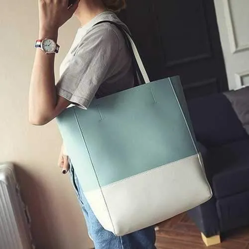 Casual Color Block and PU Leather Design Shoulder Bag For Women - Blue