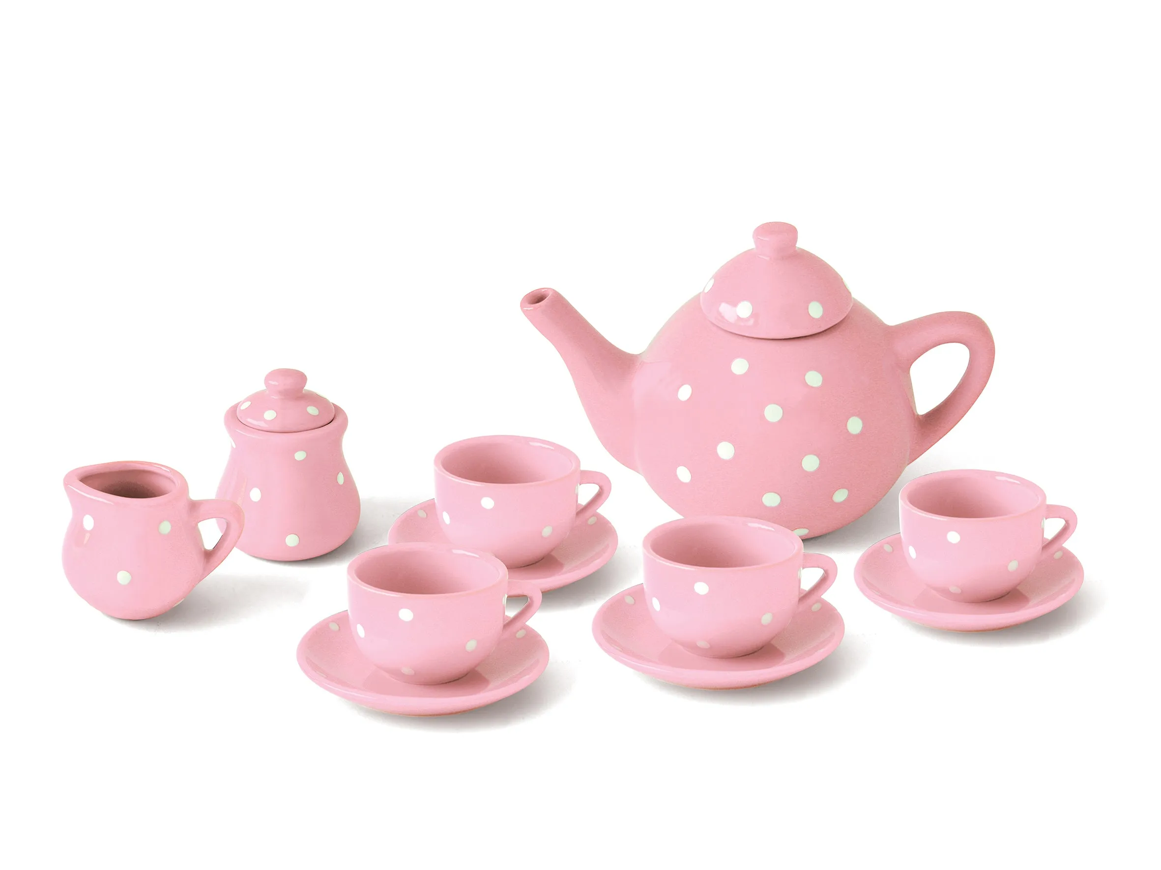 Ceramic Tea Set in Basket Pink Polka Dot