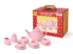 Ceramic Tea Set in Basket Pink Polka Dot